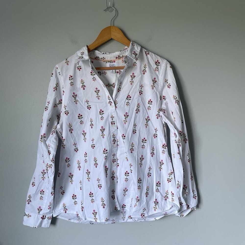 Croft & Barrow Floral Print Button Down Shirt Top White Pink Cotton Size Medium